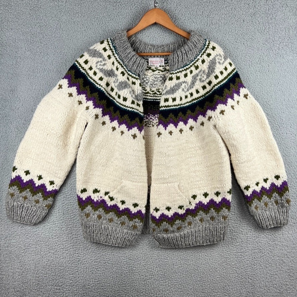 Imbabura Cardigan Cover Sweater Shawl 100% Wool Fair Isle Chunky‎ Knit Womens M
